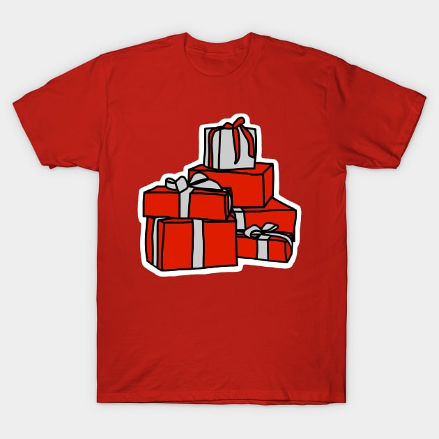 A Pile of Wrapped Gift Boxes in Red and Silver for Christmas T-Shirt by ellenhenryart